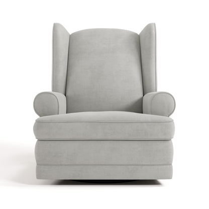 Storkcraft Serenity Upholstered Swivel Glider with USB Charging Port (Steel) – Fully Upholstered Wingback Nursery Glider Recliner with Manual Recline Function, Rocking Chair, 360 Swivel Base