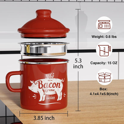 15OZ PGYARD Mini Bacon Grease Container With Strainer - Enamel Grease Saver, Farmhouse Bacon Grease Keeper For Kitchen