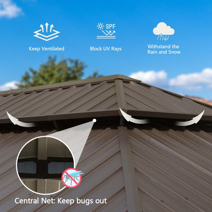 GOWE 14x24FT Hardtop Gazebo, Outdoor Gazebo with Galvanized Steel Double Roof, Aluminum Frame, Built-in Gutter System, Curtain and Netting, Metal Gazebo Pavilion for Patio Deck Garden, Wood-Looking