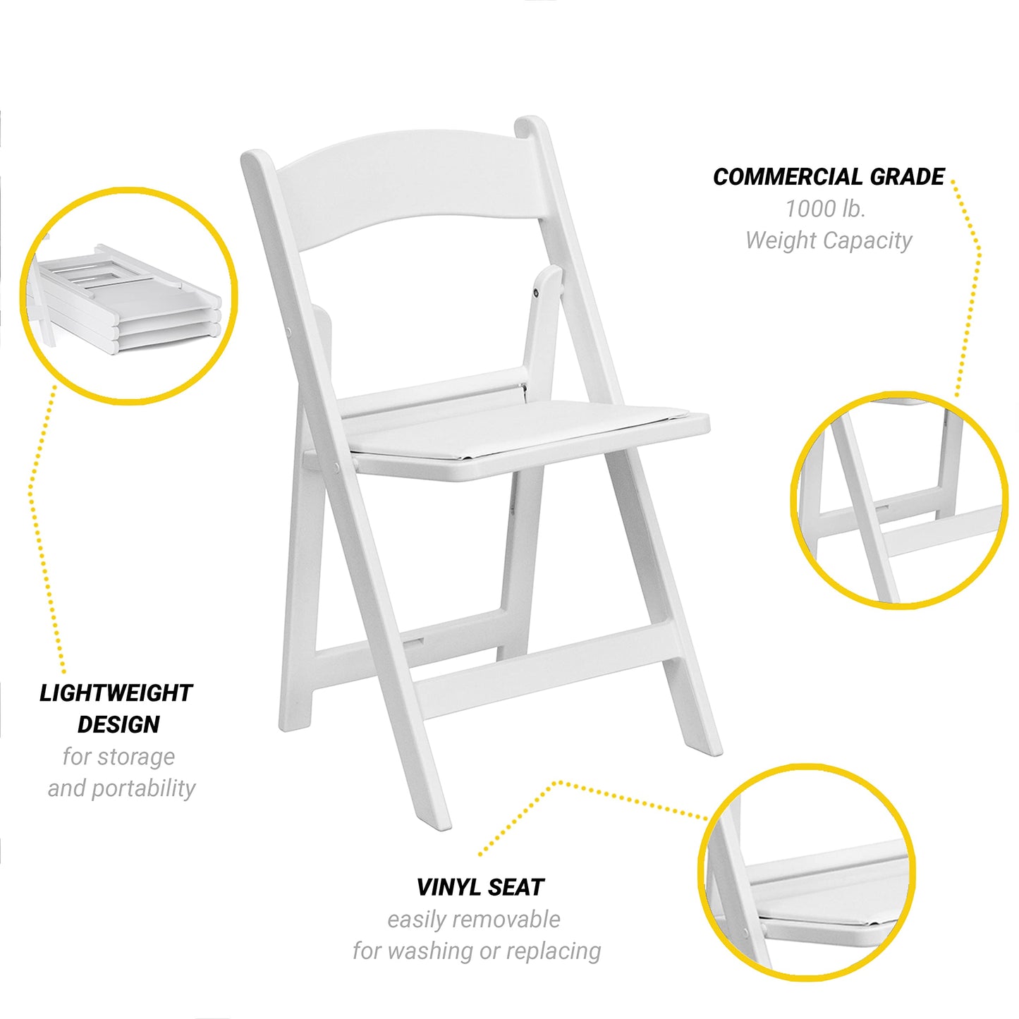 UPGORILO Double-Row Chair Rack with 72 Commercial Grade White Resin Folding Chairs