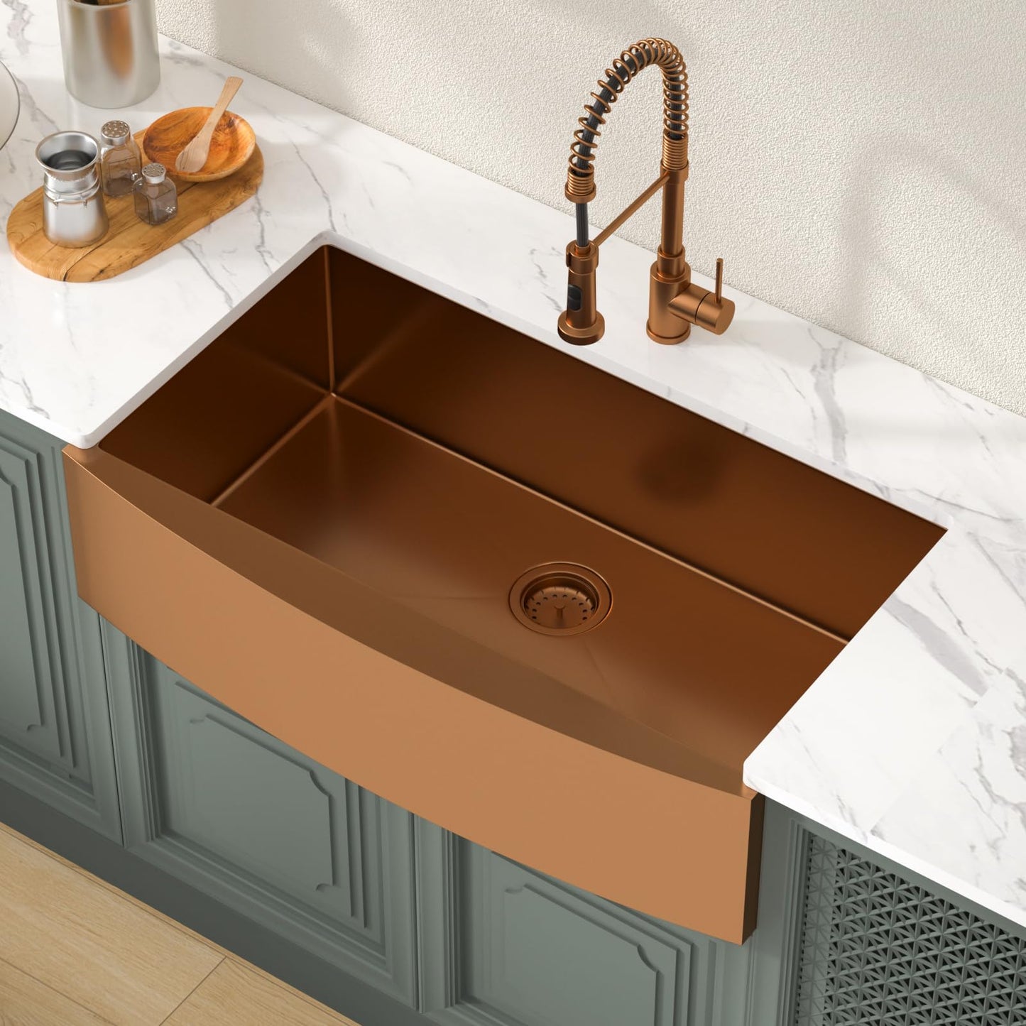Lordear 36 inch Farmhouse Kitchen Sink Undermount Sink Matte Bronze 16 Gauge Stainless Steel Deep Single Bowl Burshed Rose Gold Farm Sink With Accessories