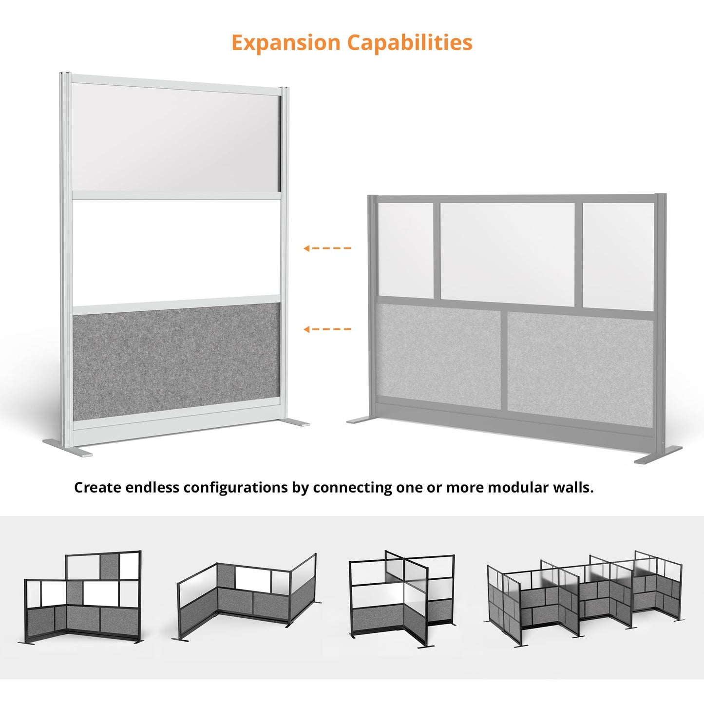 Stand Up Desk Store Workflow Wide Modular Wall | 53'' x 70'' Wall | Expandable Partition Room Divider with Rearrangeable Frosted Acrylic, Sound Absorbent and Whiteboard Panels (Silver Frame)