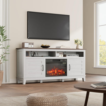 IDEALHOUSE Fireplace TV Stand, Entertainment Center with Fireplace, Farm TV Cabinet with Cupboard Door, Suitable for Living Room and Bedroom
