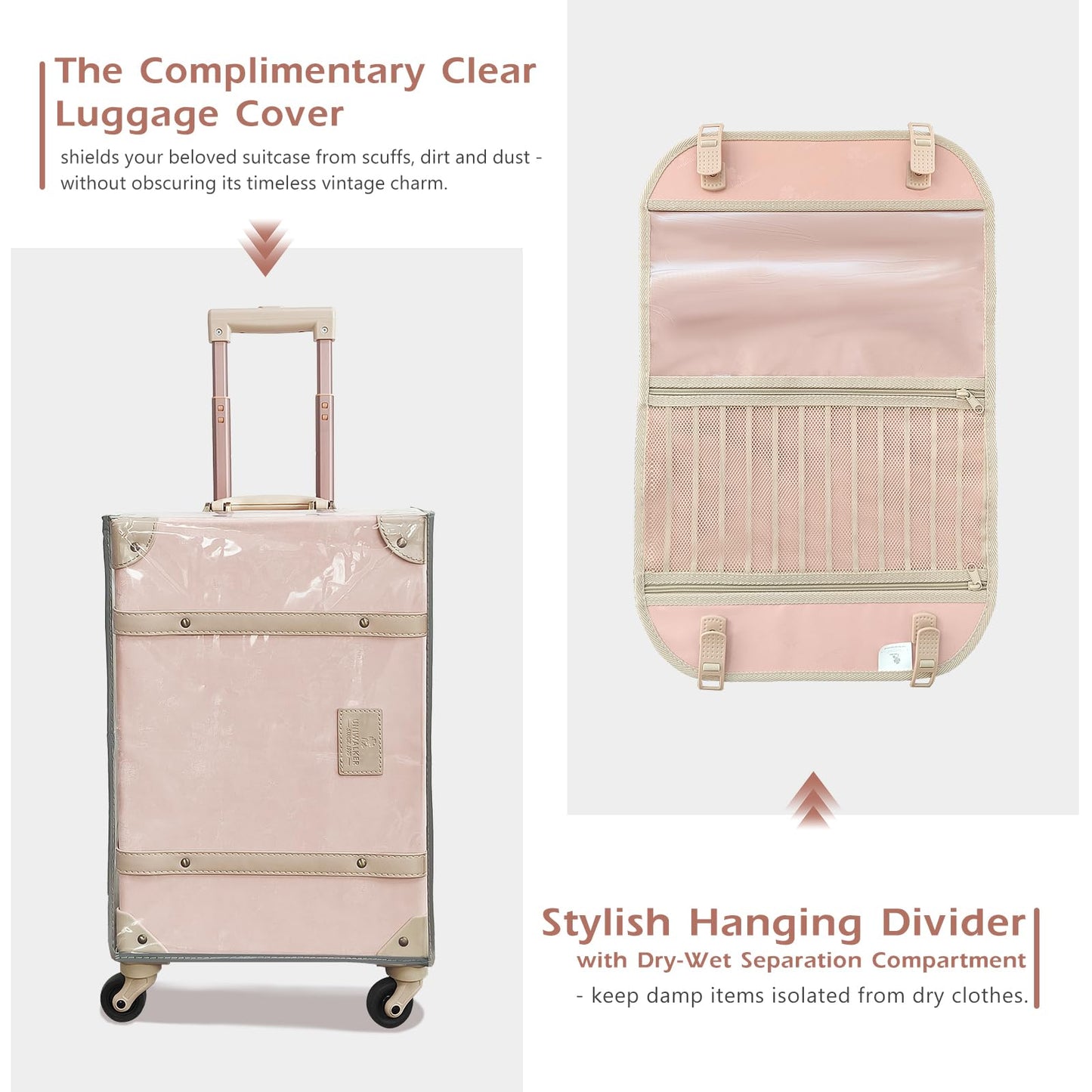 UNIWALKER Vintage Leather Suitcase Set of 2, Retro Trunk Style Spinner Luggage with Cosmetic Train Bag for Women(Velvet Pink, 26''+12'')