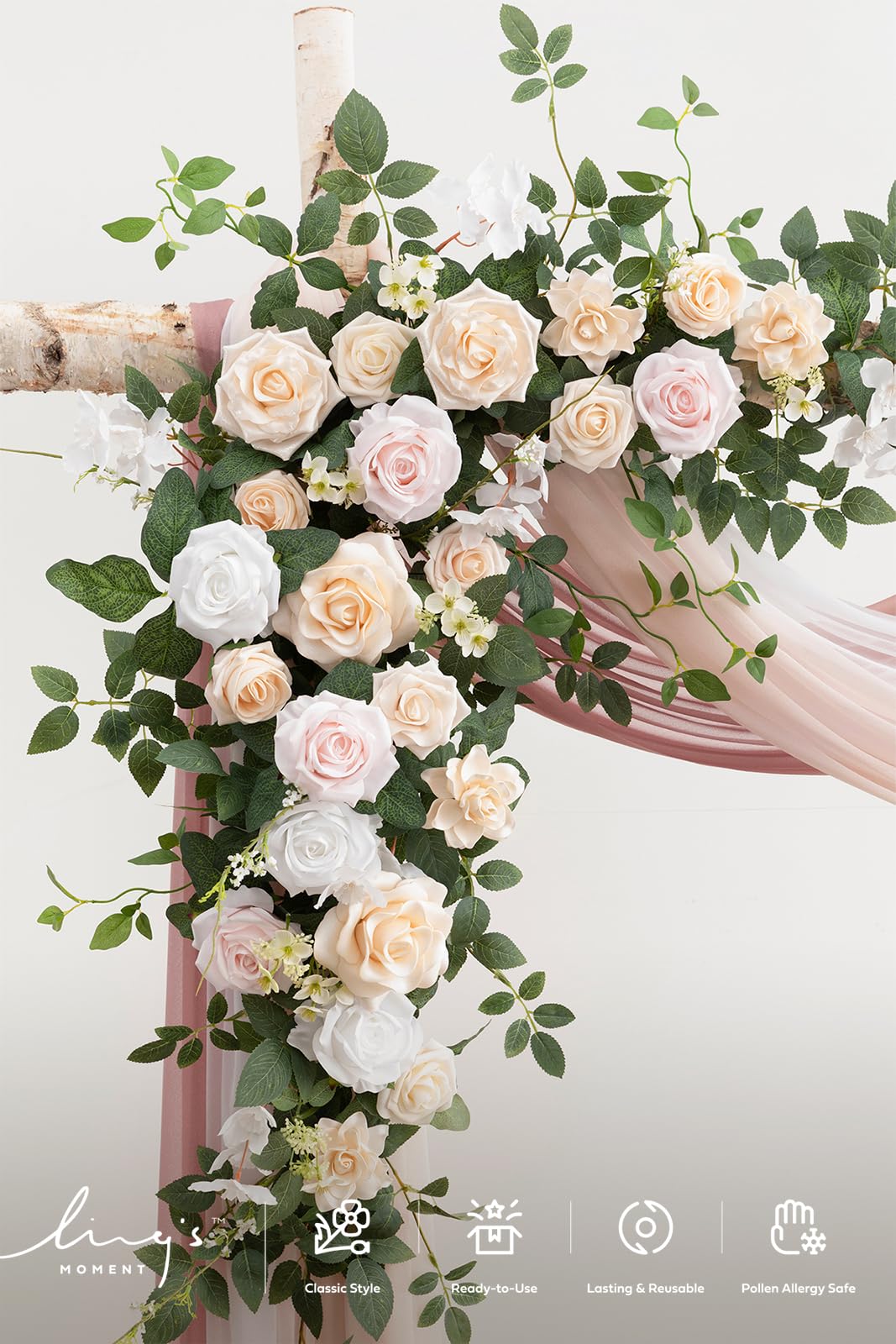 Ling's moment Wedding Arch Flowers with Drapes Kit-Pack of 5, 2pcs Flower Arrangements 3pcs Sheer Hanging Drapes White Ceremony Arbor Backdrop Artificial Rose Floral Decorations, Blush Cream