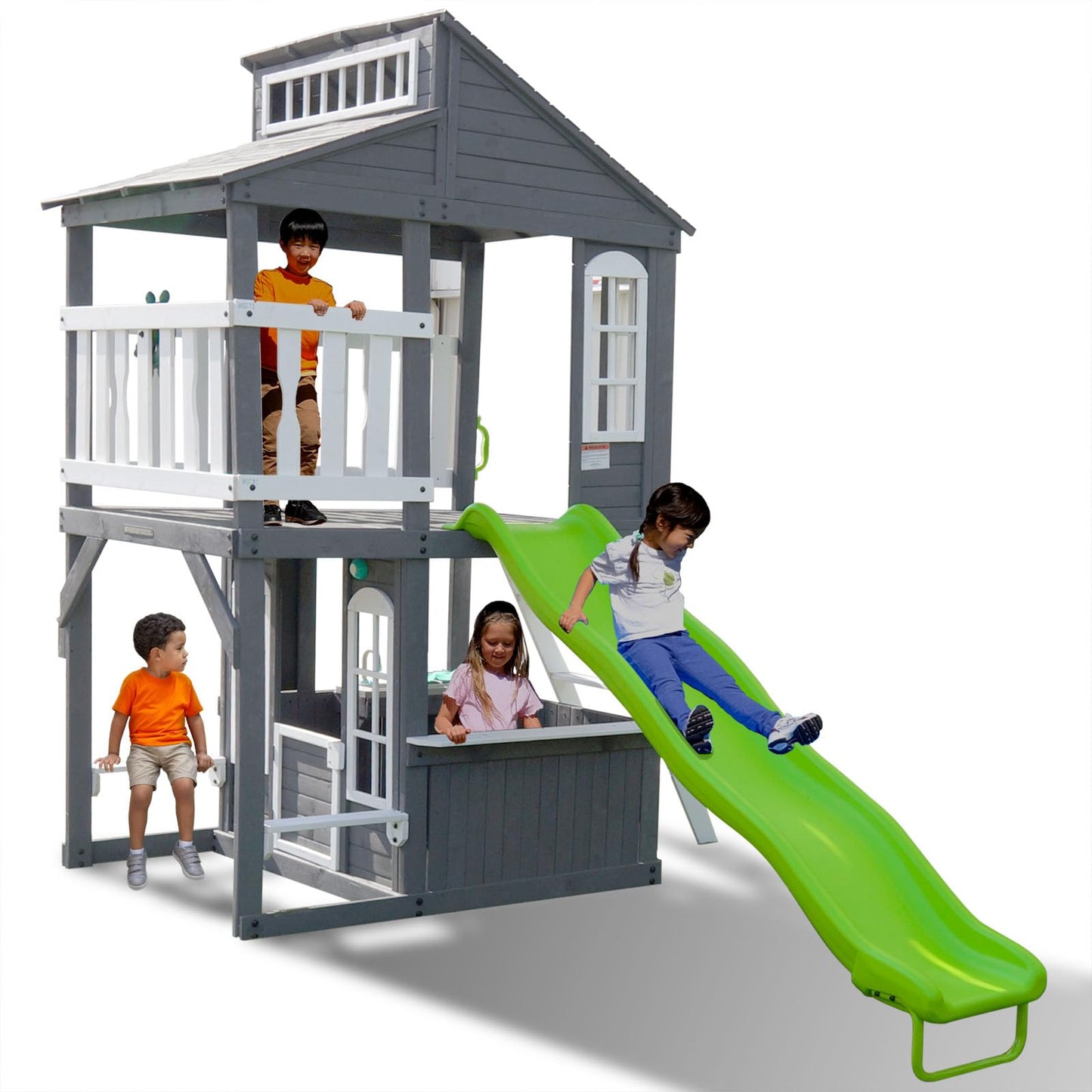 Sportspower Blakely 2-Story Cedar Wooden Playhouse with 8ft Slide, Working Door, Play Kitchen, Mailbox & Doorbell — Elevated Backyard Playhouse for Kids Ages 3–10, Scandinavian Spruce (Gray)