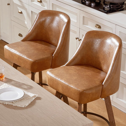 Finekoze Counter Height Bar Stools,Brown-Colored Faux Leather Comfort Fabric Bar Stool Set of 2，360° Swivel Counter Height Stools Solid Wood Legs,27'' Barstools with Contoured Backrest