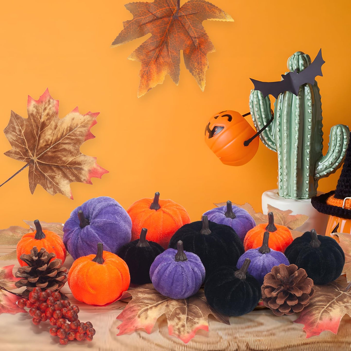 GHGMAO 21 PCS Pumpkins Decor Set, 3 Sizes Fake Velvet Pumpkin, Black Purple Orange Small Foam Pumpkin, Autumn Table Centerpiece for Thanksgiving Farmhouse Fall Harvest Halloween Party Decorations