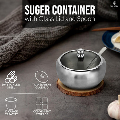 12oz Countertop 350ml Sugar Bowl with Lid and Spoon | Sugar Container for Coffee Bar | Stainless Steel Holder Jar