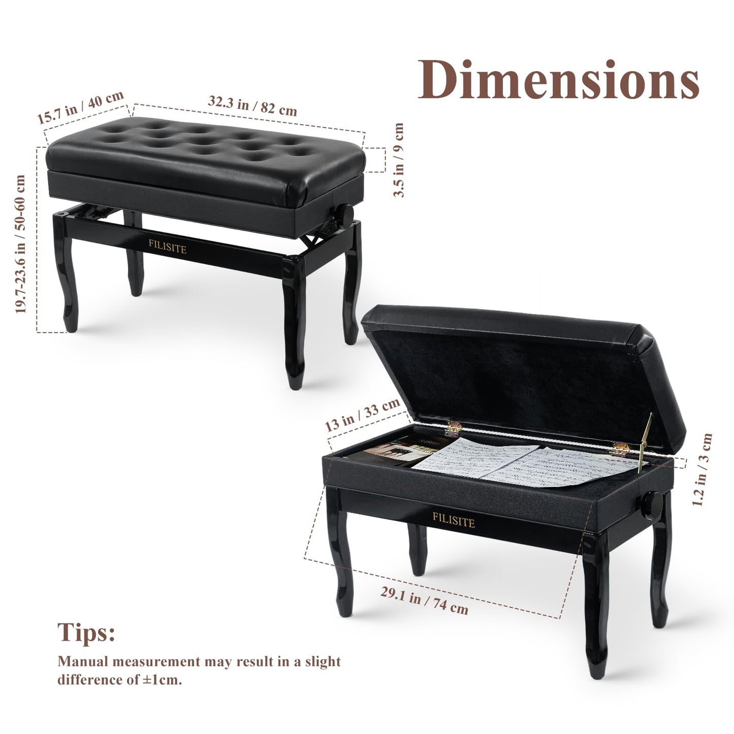 FILISITE Genuine Leather Piano Bench with Storage, Adjustable Height Keyboard Bench with High-Density Sponge Cushion,Curved Legs for Piano/Keyboard, Supports Duet Playing,Black