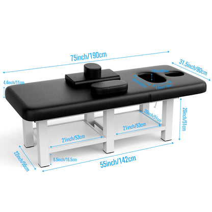Stationary Massage Table, 75”L 31.5''W Heavy Duty Height Adjustable Esthetician Bed w/Facial Cradle, 800LBS Metal Frame PU Leather Physical Therapy Table Spa Lash Bed Professional Equipment (Black)