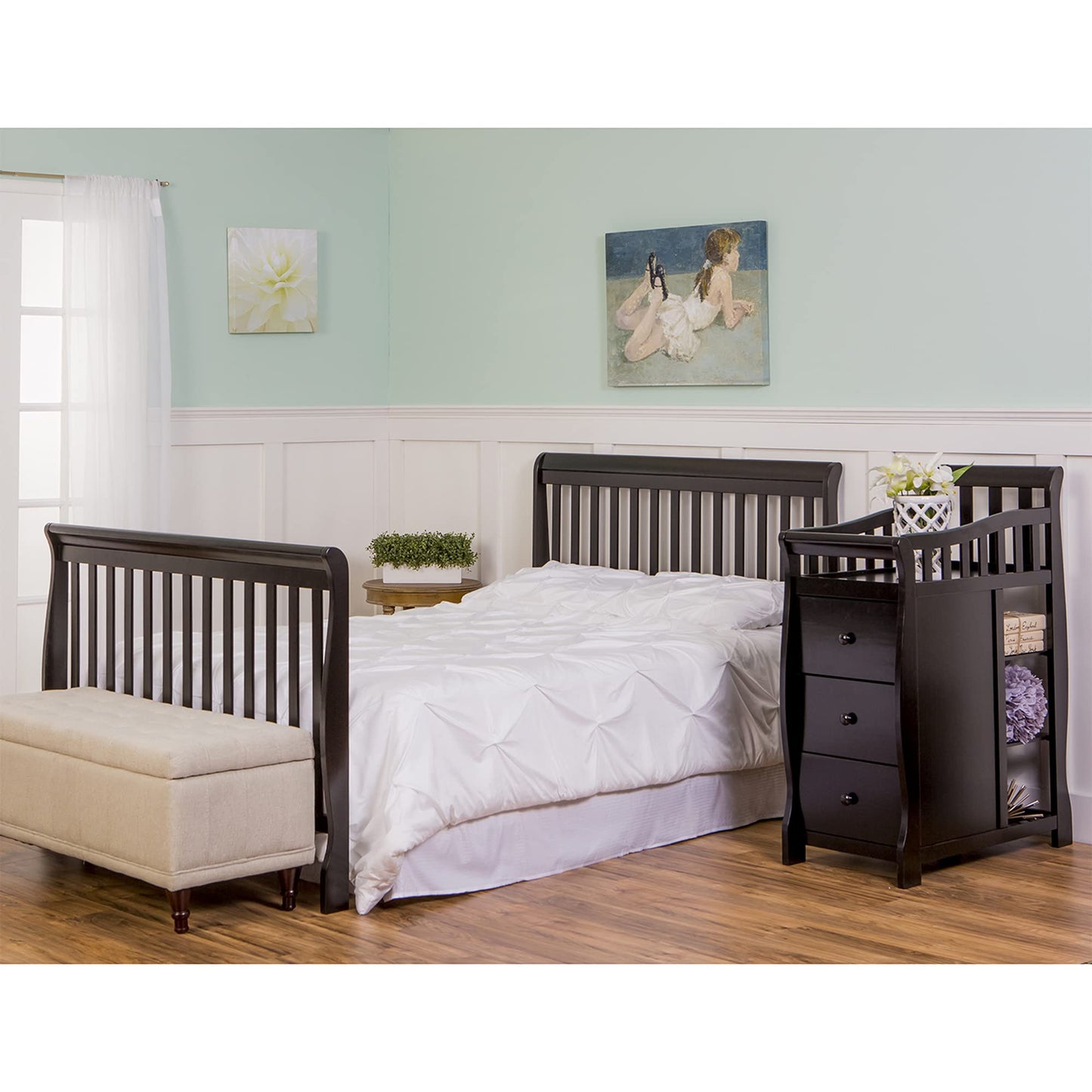 Dream On Me Brody 5-in-1 Convertible Full-Size Baby Crib & 3-Drawer Changer in Black, Pinewood, GreenGuard Gold & BSA, 1” Changer Pad, 3 Mattress Heights, Converts to Toddler & Full Size Bed