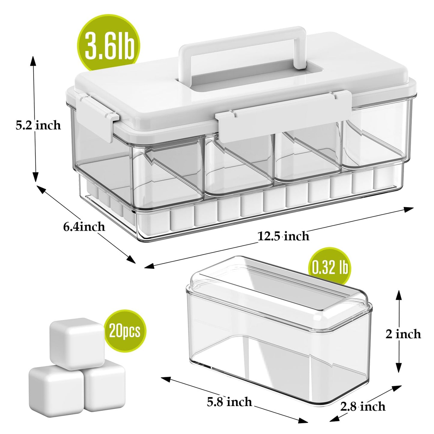 Palksky Snackle Box Container with Ice Pack, Travel Snack Container with Handle, Chilled Portable Divided Serving Tray with Lid, 4 Compartment Snack Box for Fruits,Veggies,Snacks,Keep Food Cold