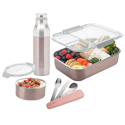 Smash Eco-friendly Bento 7-Piece Lunch Kit - Blush color - Box with 3 compartments, Snack Box, 16.9 fl oz Bottle, 3 piece travel cutlery set. (Blush)
