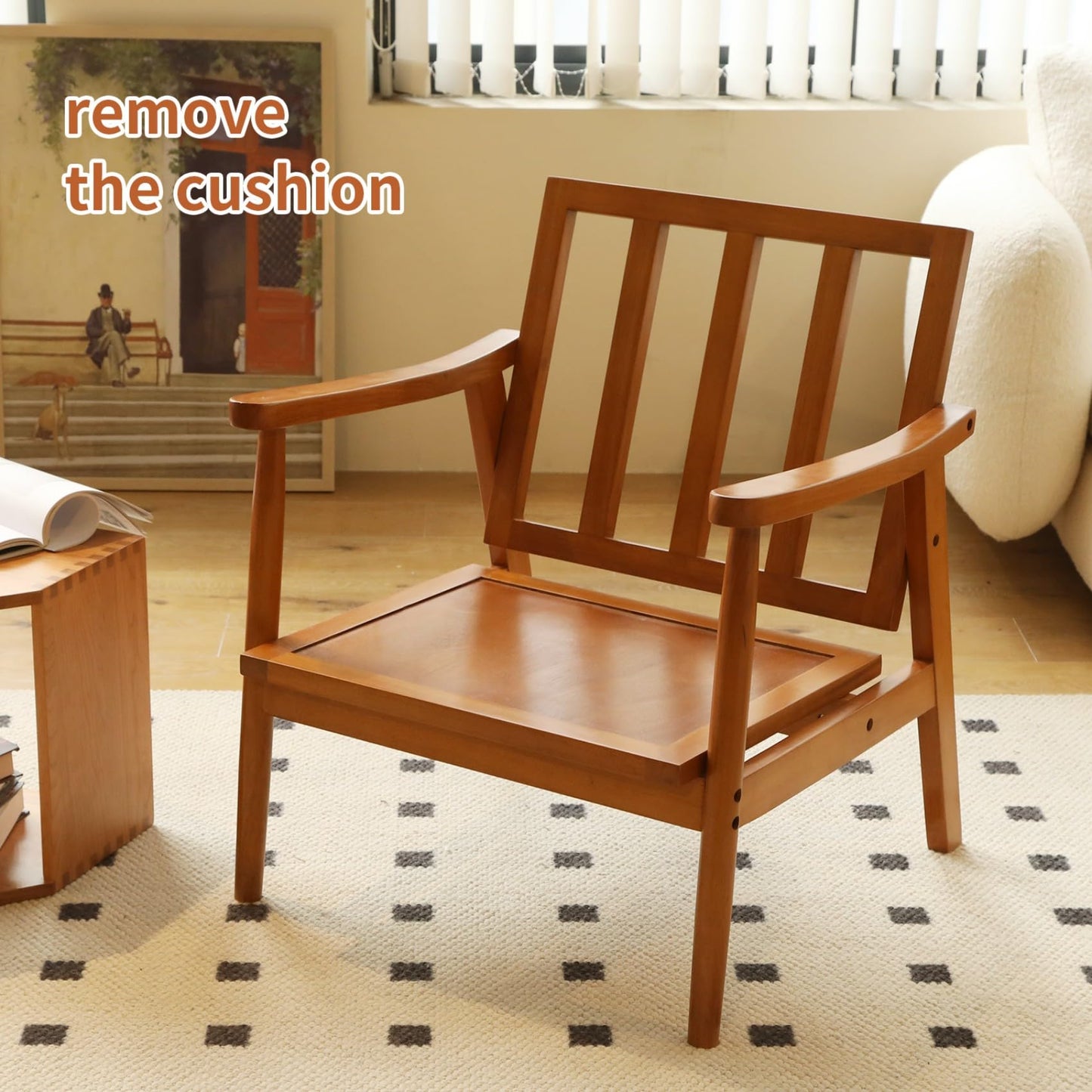 KEIKI Solid Wood Accent Club Chair with Soft Flannel Upholstered Cushion, Mid-Century Modern Style Reading Sofa Chair, Comfy Cozy Lounge Lazy Seating Chair for Living Room, Apartment, Balcony, Office