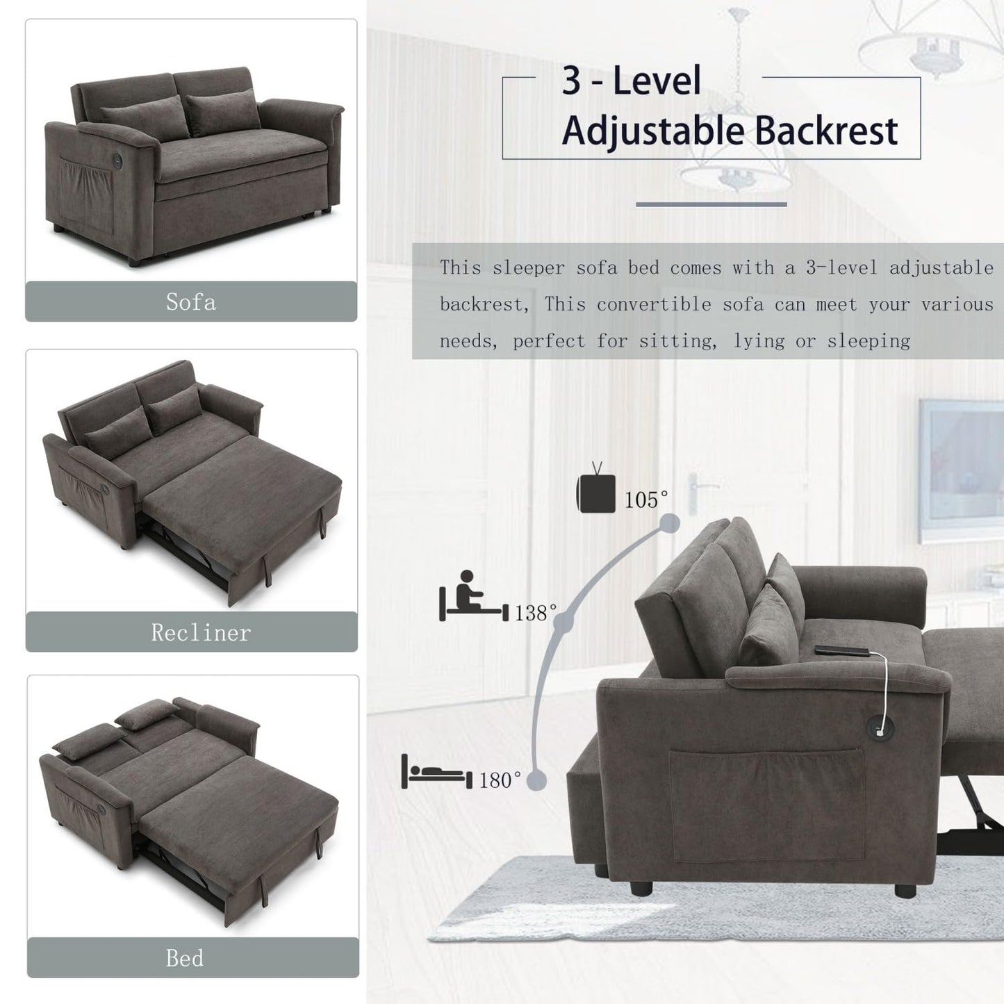 55" Convertible Futon Sofa Bed, Velvet 3 in 1 Sleeper Sofa Bed, Pull Out Couch with USB Ports & 2 waist pillows, Adjustable Backrest Loveseat Sofa, Small Couches for Living Room Apartment, Taupe Brown