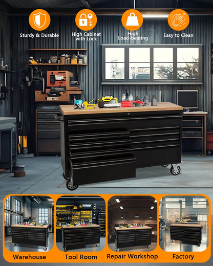 61" Rolling Tool Chest with 9 Drawers - Heavy-Duty Steel & Rubber Wood Workbench on Wheels, Garage Workbench with Key Locking System, Drawer Liners for Warehouse Repair Shop, Matte Black