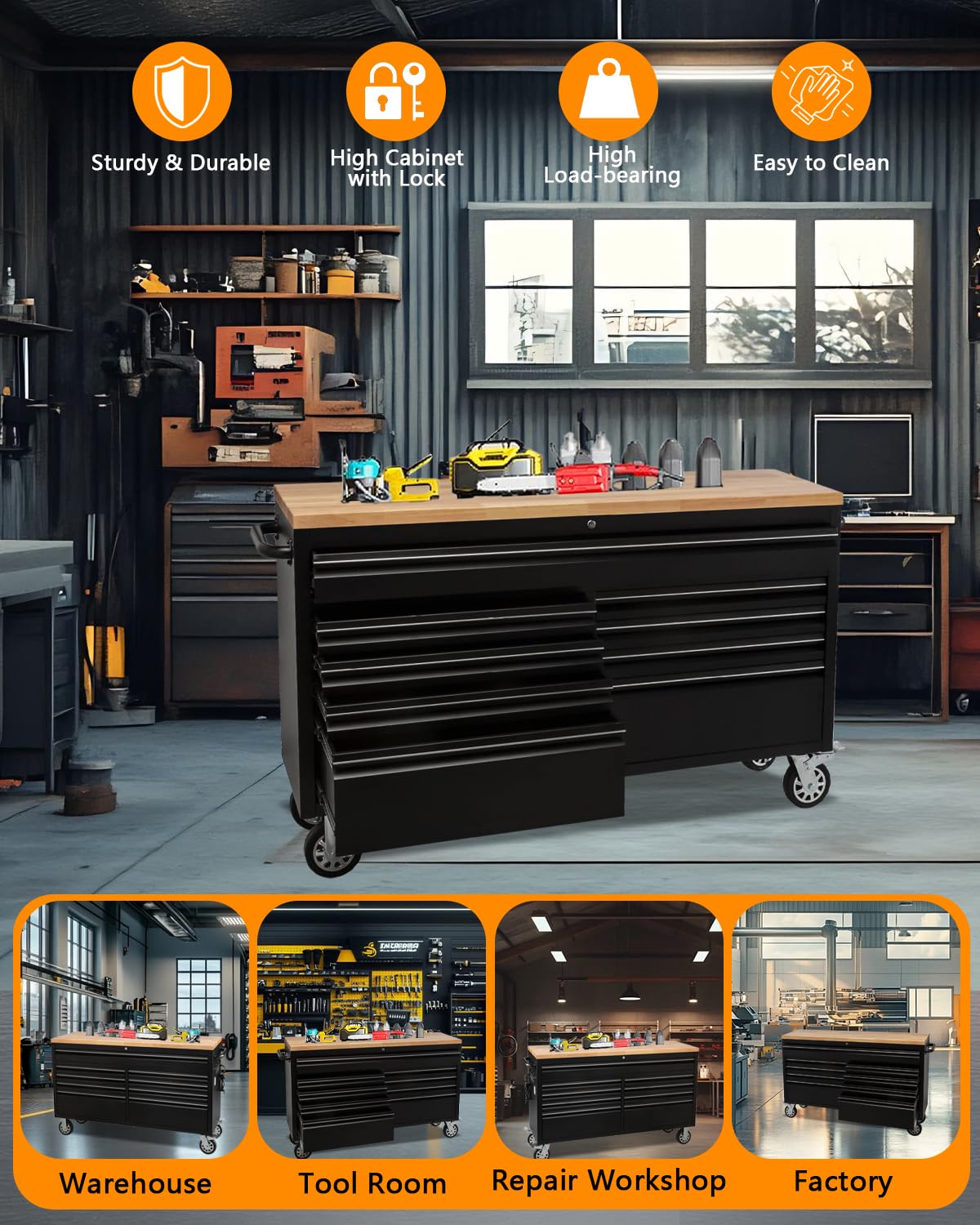 GarveeTech 61-Inch Heavy-Duty Rolling Tool Chest & Mobile Workbench with 9 Drawers, Rubber Wood Tabletop, Key Locking System, Drawer Liners and Wheels, Steel Storage Cabinet for Garage, Workshop