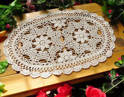 Hetao 11X19 Inch 100% Doilies-2pc Cotton Handmade Lace Crochet Oval Table mats Placemats Doily Beige