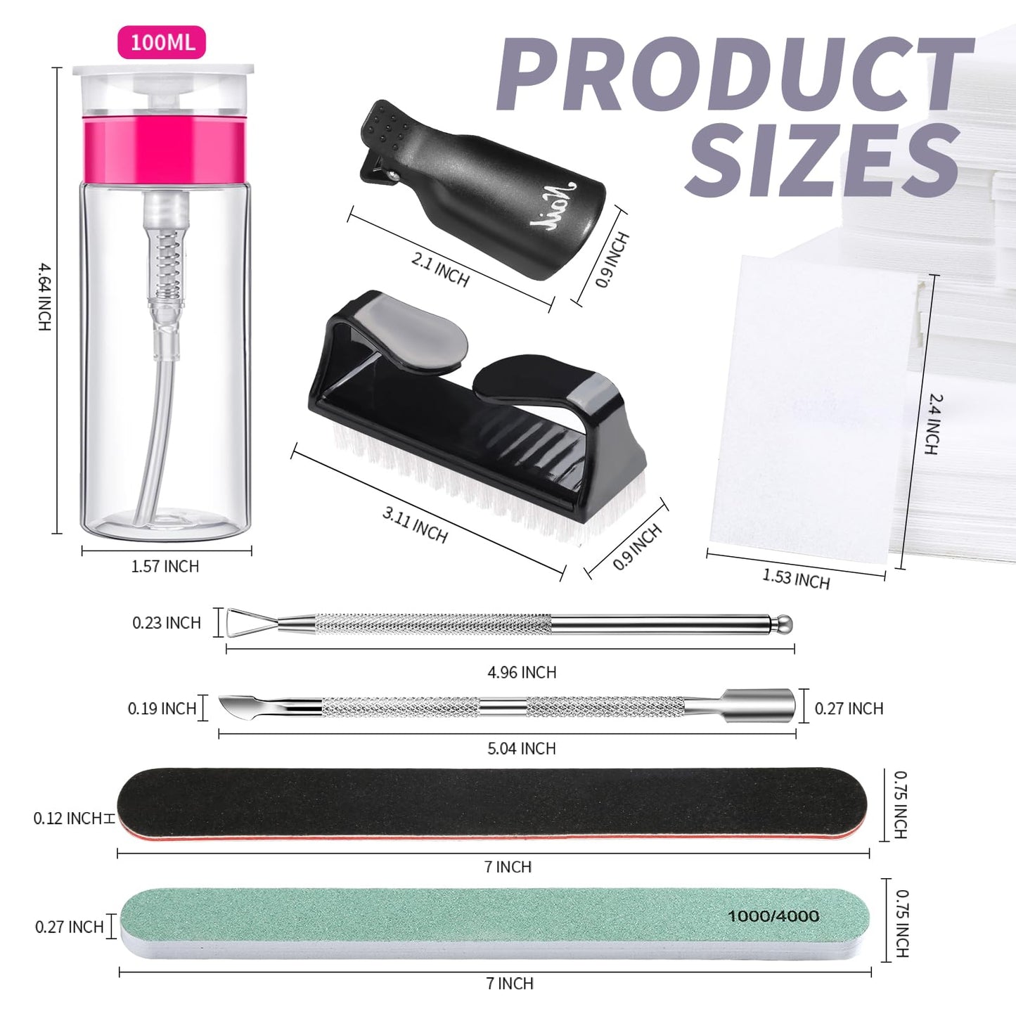 FANDAMEI Nail Polish Gel Remover Tools Kit with Nail Clips, 100ml Nail Polish Remover Bottle, 500 Nail Remover Cotton Pad, Nail Brush, Cuticle Pusher/Peeler, 100/180 Nail File,Buffer Block