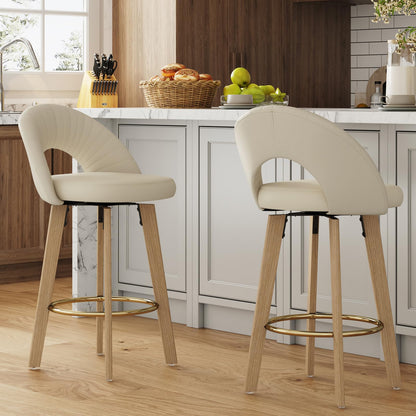 FERFALDER Bar Stools Set of 2, Swivel Counter Height Bar Stools with Bentwood Legs,Metal Footrest,Mid Century Modern Faux Leather Upholstered Counter Stools for Kitchen Island, Bar, Restaurant-Beige