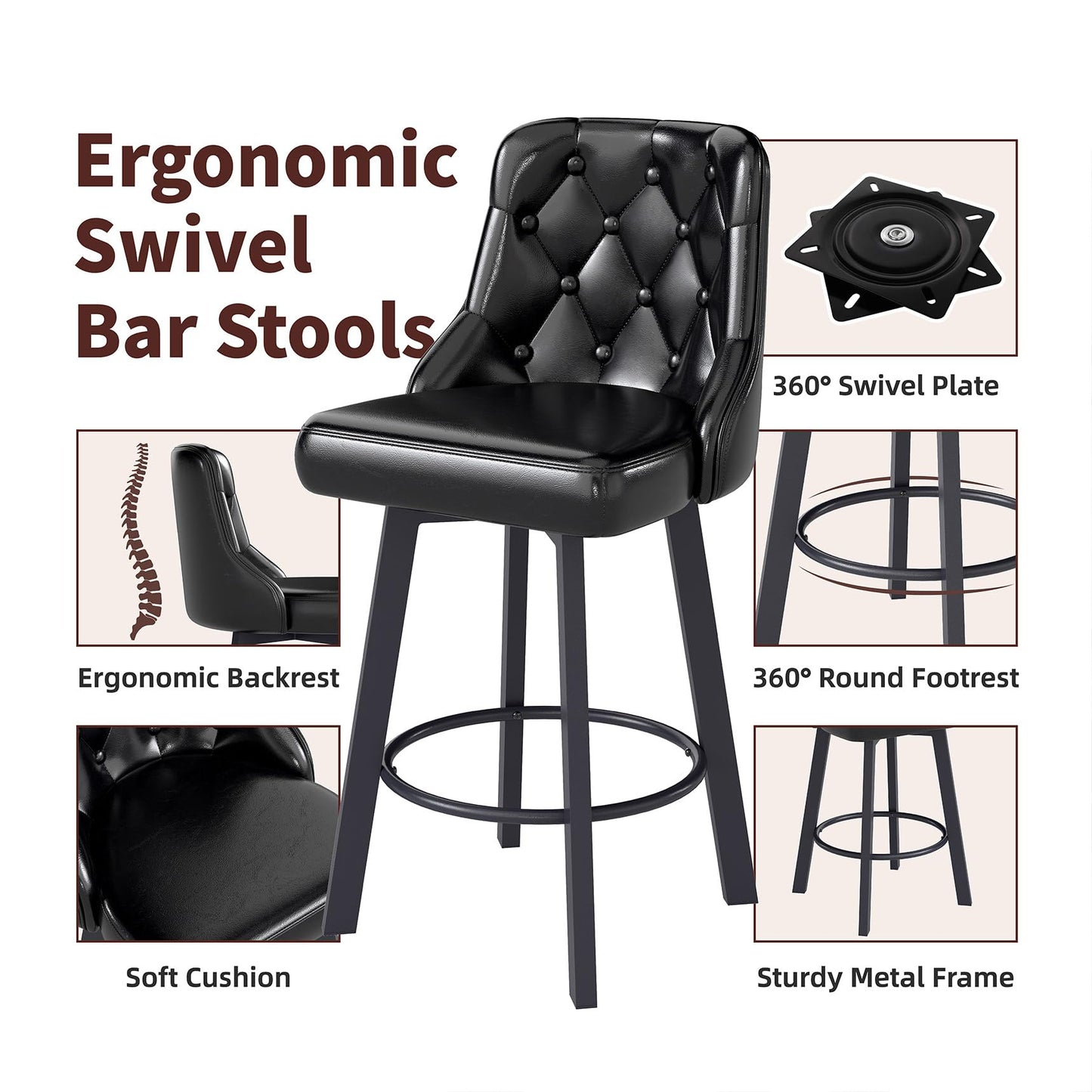 Youhauchair Bar Stools Set of 3, 26" Tufted Modern Counter Height Barstools with Back & Footrest & Metal Leg, Faux Leather Upholstered Bar Chair for Kitchen Island, Dining Room, Pub, Cafe, Black