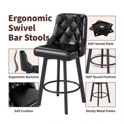 Youhauchair Bar Stools Set of 3, 26" Tufted Modern Counter Height Barstools with Back & Footrest & Metal Leg, Faux Leather Upholstered Bar Chair for Kitchen Island, Dining Room, Pub, Cafe, Black
