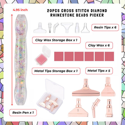 FOVIUPET 20pcs Diamond Painting Art Drill Pen Set, Resin Luminous 5D Point Drill Pen Tools with Metal/Resin Tips, Cross Stitch Diamond Rhinestone Beads Picker DIY Nail Art Embroidery Tools (Pink)