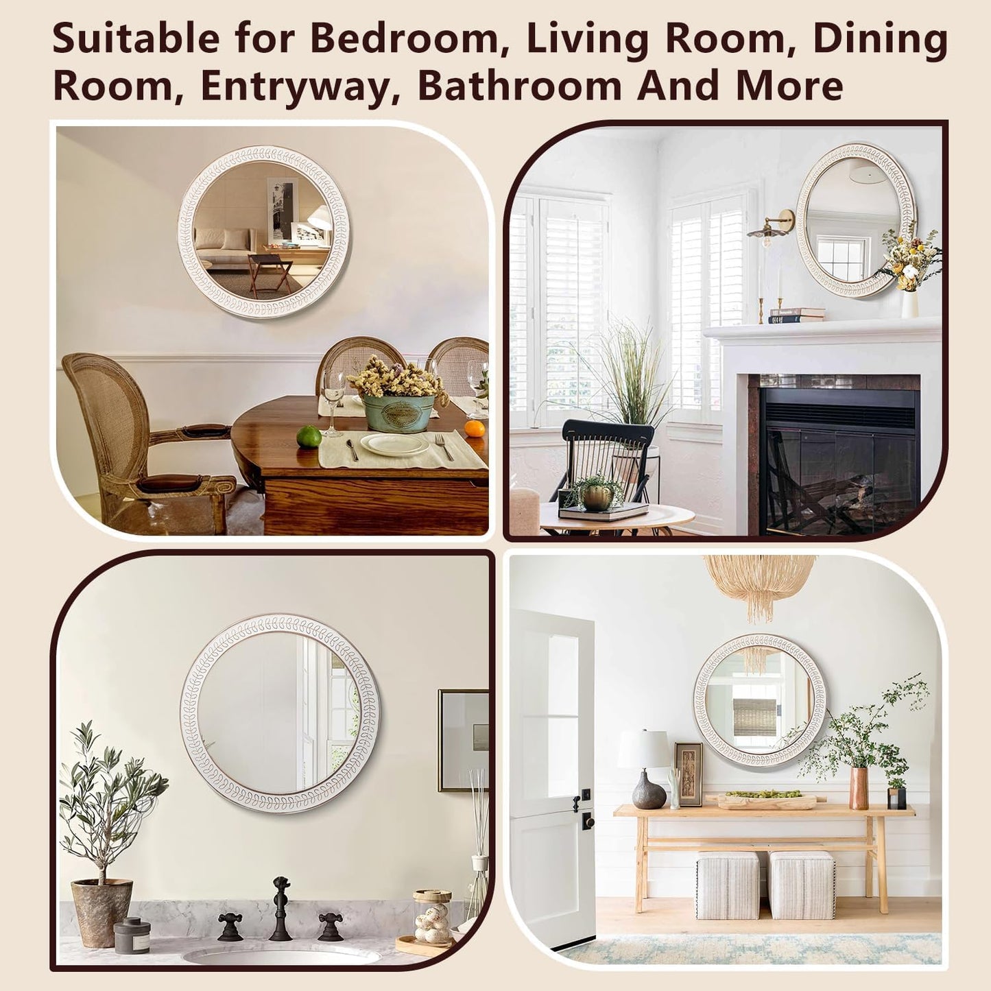 fuxuiwy 24 inch Round Rustic Wooden Mirrors, Distressed Circle Mirror for Bathroom, Bedroom, Living Room, Entryway, Fireplace, Hall