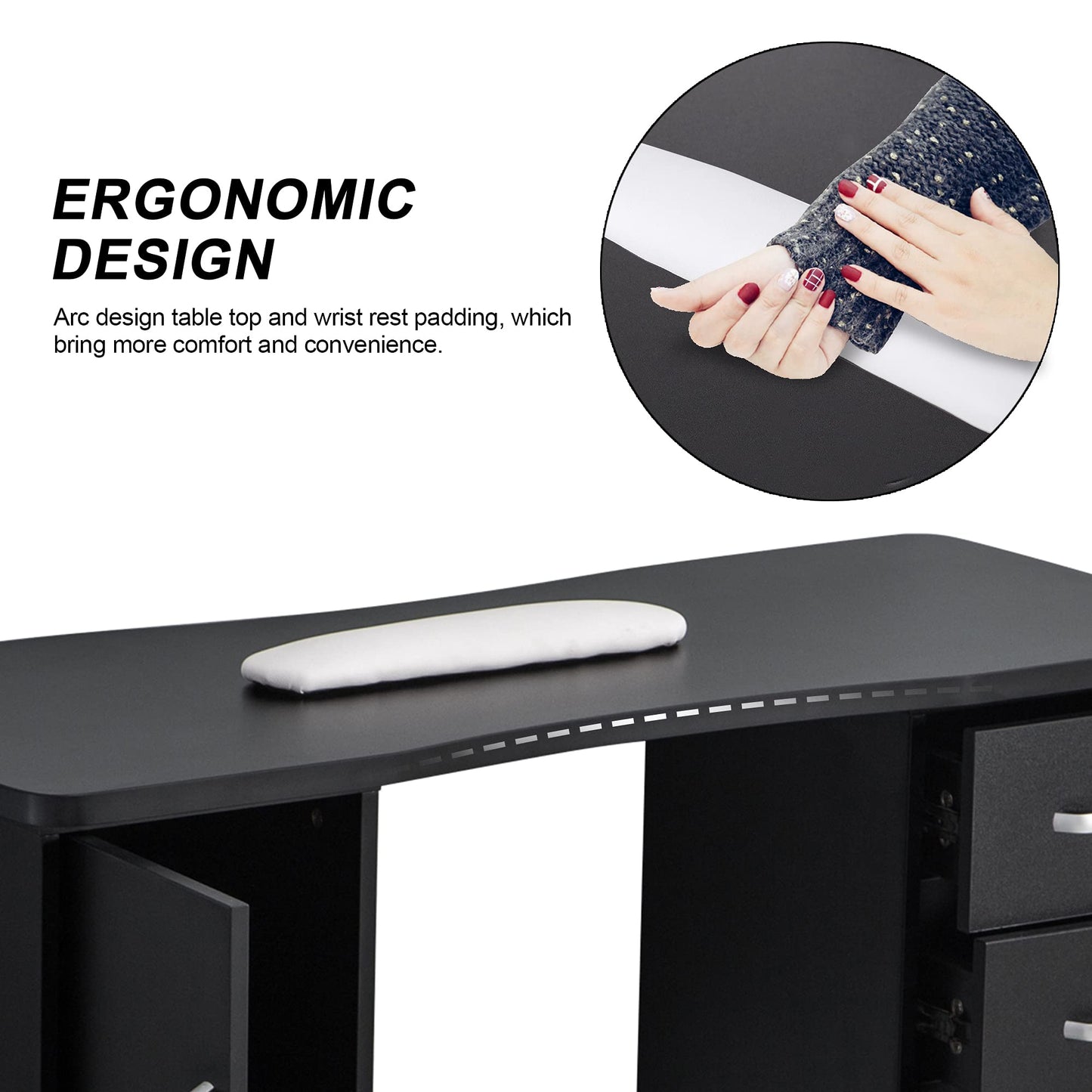 BarberPub Manicure Table, Acetone Resistant Nail Desk, Nail Table with 4 Drawers, 2 Cabinet, Lockable Wheels, Wrist Pad, Nail Desk for Nail Tech, Beauty Salon Black 0611