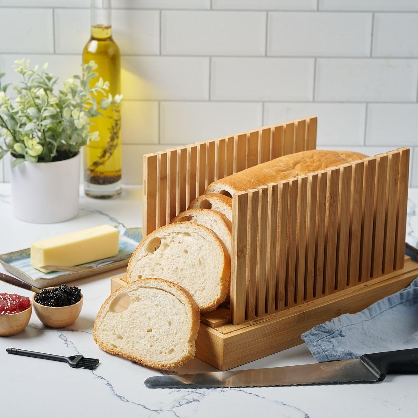 Bread Slicer for Homemade Bread - Bambuesi Upgraded Adjustable Bamboo Bread Cutter Board, Foldable Slicing Guide