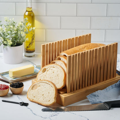 Bread Slicer for Homemade Bread - Bambüsi Upgraded Adjustable Bamboo Bread Cutter Board, Foldable Slicing Guide with Crumb Tray for Sourdough, Artisan Loaves, Bagels, Cakes, Bakery Kitchen Gadget Gift
