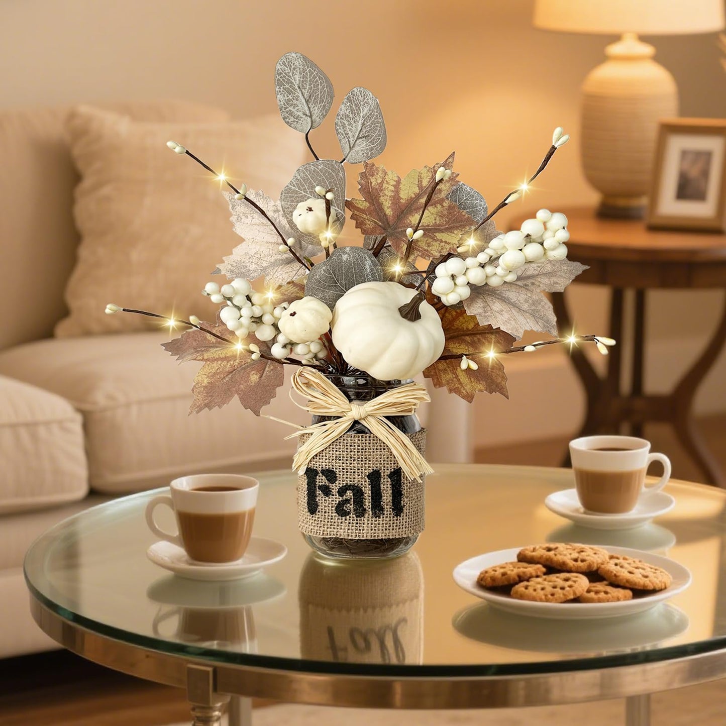 2 Pack 13.5 Inch Fall Decorations Fall Table Decor, Mason Jar with Maple Leafed Pumpkins Berried 20 LED Lights Timer Thanksgivings Fall Centerpieces for Dinner Table Kitchen Bathroom Office Home Decor