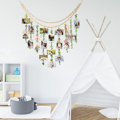 TXIN Hanging Photo Display Holder Wall Decor with Wooden Cards Clips, Boho Style Picture Frame Wood Beads Garland Artificial Eucalyptus Plant Home Decoration for Farmhouse Greenery Cubicle Bedroom