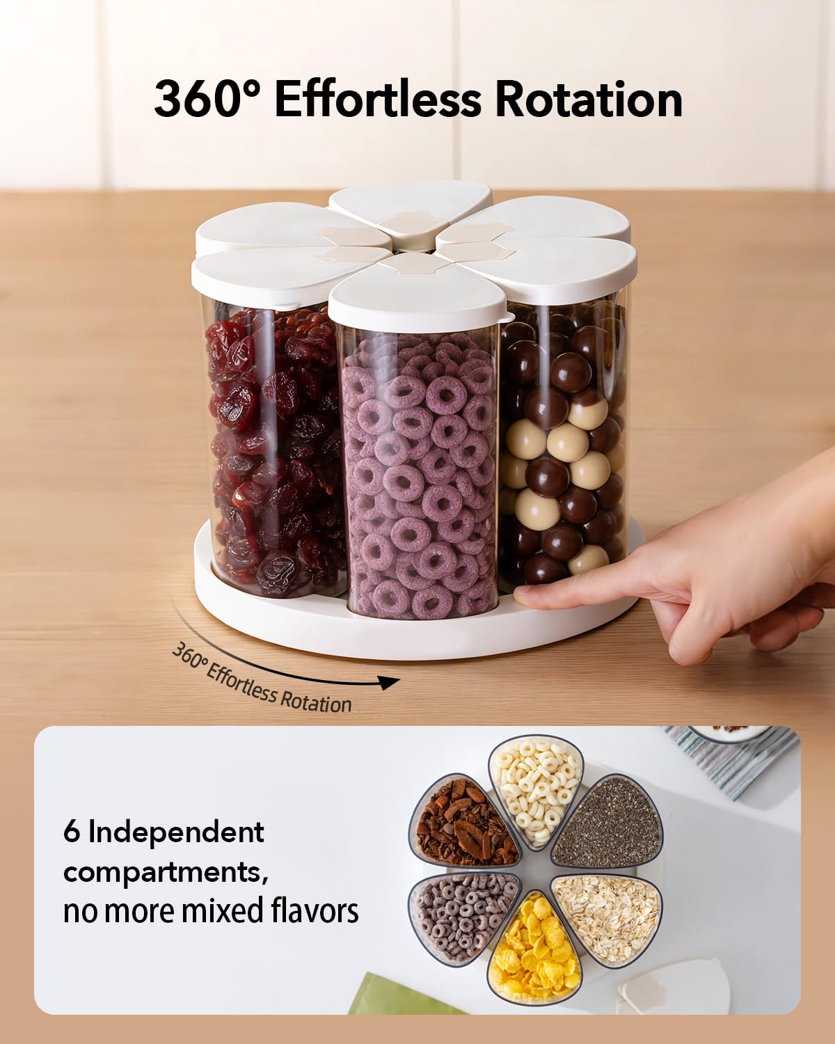 Ankou Rotating Food Storage Containers Set of 6, 23oz (690ml) Clear PET Jars with Dual Pour Lids, 360° Lazy Susan Pantry Organizer for Snacks, Cereal, Nuts, Oats & Dry Foods, Kitchen Grain Dispenser