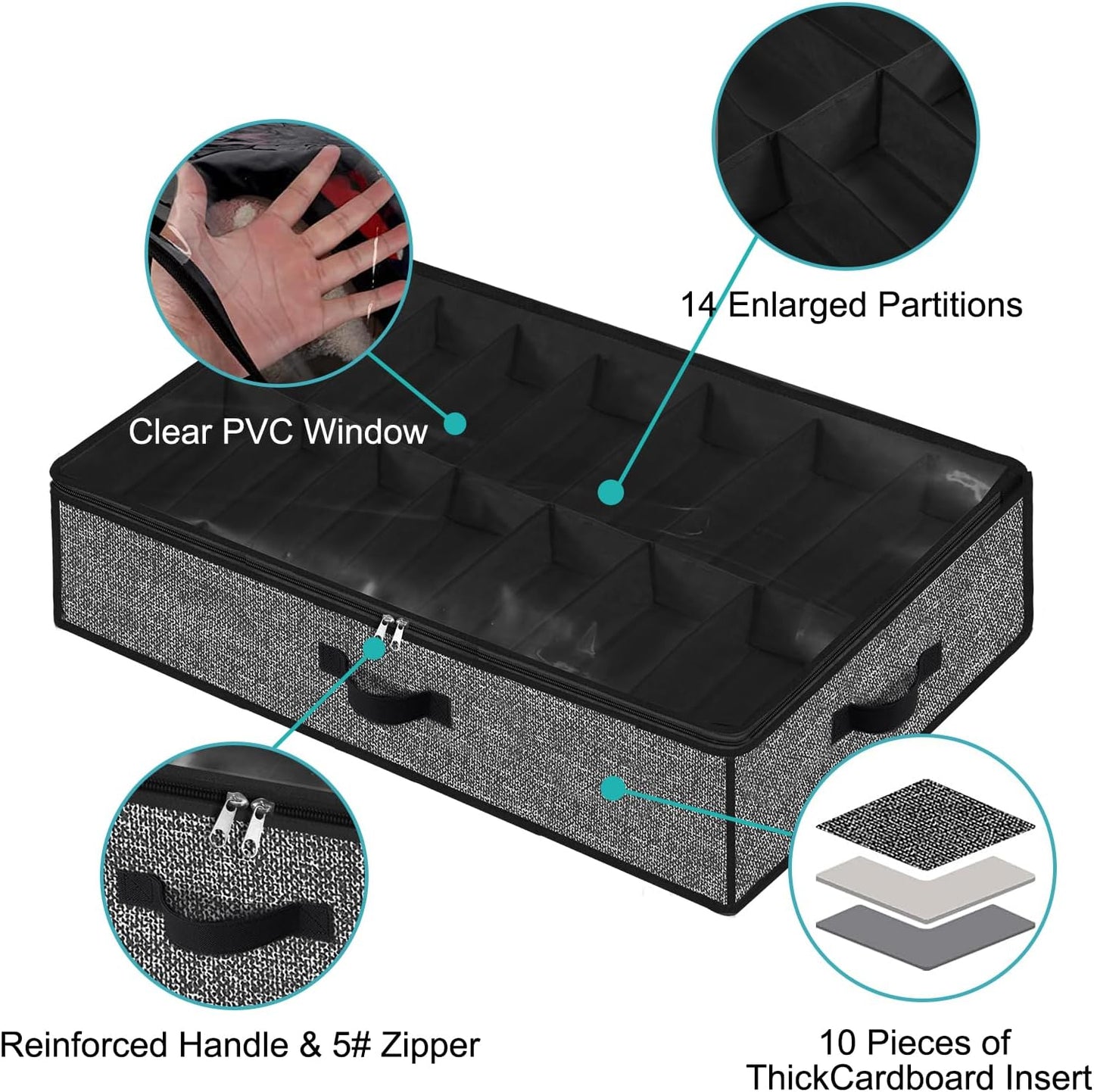 Under Bed Shoe Storage Organizer, 2 Pack for 28 Pairs, Clear Window, Foldable Shoe Rack Holder, Black