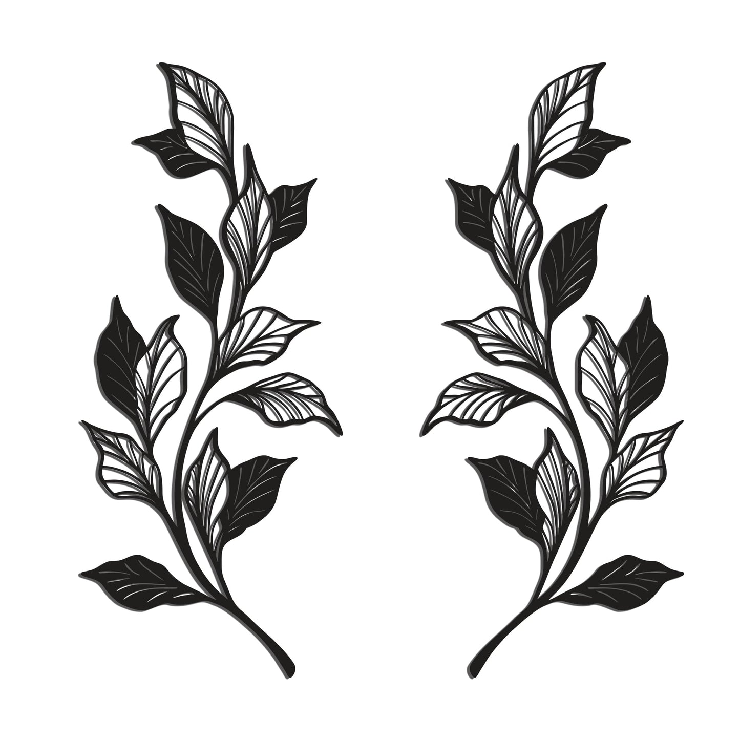 Slickss 14.6" 2 Pieces Metal Leaf Wall Art, 1mm Thick Matte Black Minimalist Vine Branch Decor, Above Door Bed Wall Hanging with Nail & Adhesive Mount Kit, Farmhouse Boho Decor for Home