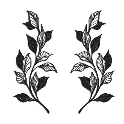 Slickss 14.6" 2 Pieces Metal Leaf Wall Art, 1mm Thick Matte Black Minimalist Vine Branch Decor, Above Door Bed Wall Hanging with Nail & Adhesive Mount Kit, Farmhouse Boho Decor for Home