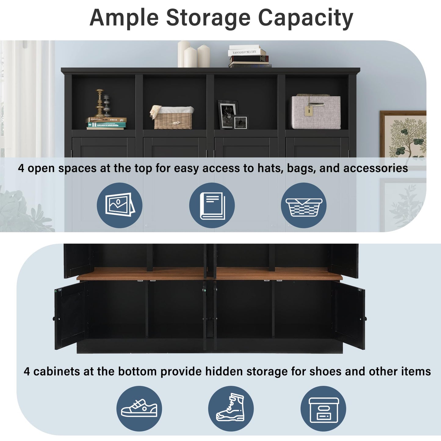 Shaical Hall Tree with Bench and Shoe Storage, 4-in-1 Entryway Bench with Coat Rack & Cabinets, Open Cubbies 4 Hooks, 76.7" H Wooden Storage Organizer for Hallway, Mudroom, Entrance, Black