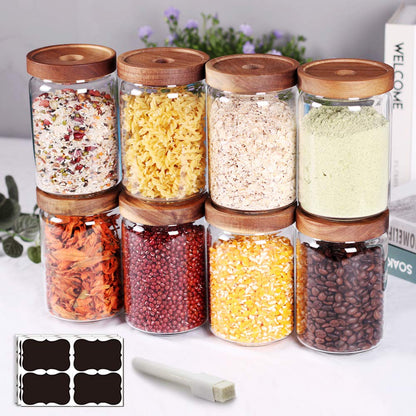 SAIOOL Kitchen Canisters Set of 6-8.5oz Glass Spice Jars With Acacia Airtight Lid and Labels Round Spice Bottles for kitchen Seasoning Baby Food Kids Snacks Meal Prep Containers Candle