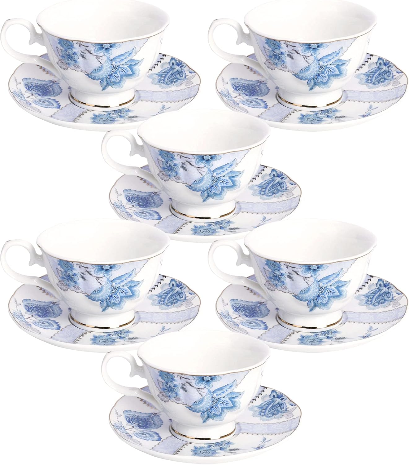 Set 6(5 oz), fanquare Floral Coffee Cups of Porcelain Cappuccino Cups with Saucers, Tea Cup for Birthday Wedding Party