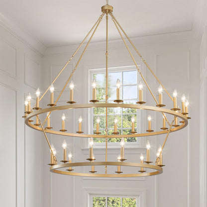 QJMPP Gold Wagon Wheel Chandelier 2 Tier 53-Inch 36-Light,Extra Large Circle Rustic Farmhouse Light Fixture,Round Metal Chandeliers for Foyer Entryway Dining Room Living Room High Ceilings