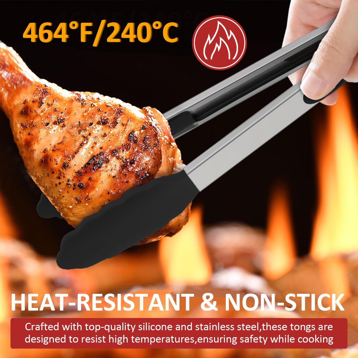 9 Pieces Silicone Tongs for Cooking 7,9,12 inches Kitchen Tongs with Silicone Tip Stainless Steel Heat Resistant Cooking Tongs for Food Grill Salad BBQ Frying and Serving, Black