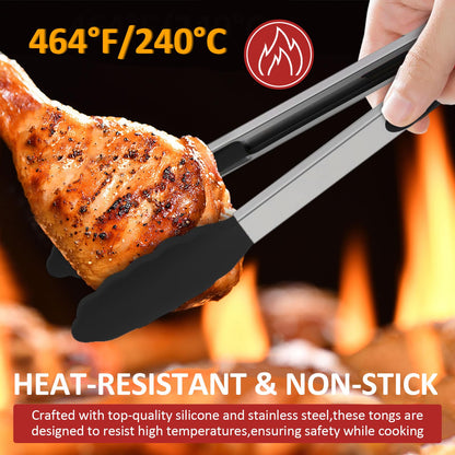 9 Pieces Silicone Tongs for Cooking 7,9,12 inches Kitchen Tongs with Silicone Tip Stainless Steel Heat Resistant Cooking Tongs for Food Grill Salad BBQ Frying and Serving, Black