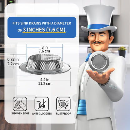 MR.SIGA Kitchen Sink Strainer, Stainless Steel Sink Drain Strainer, Dishwasher Safe, Outer Diameter 4.4 inch/11.2cm, Inner Diameter 3 inch/7.6cm, Pack of 3