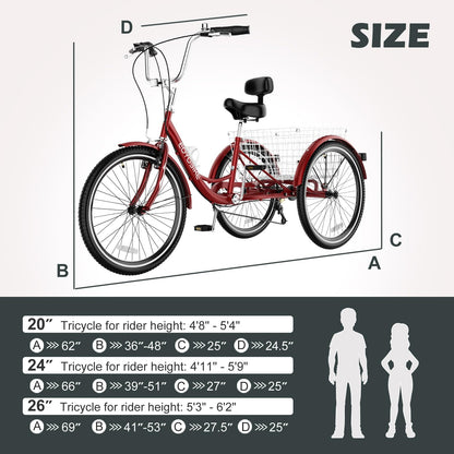 ABORON Adults Tricycle, 3 Wheels Bike for Adult, Tricycle for Adults, Double-Wall Wheel Rims, Tricycle for Women Men Exercise Outdoor Sports
