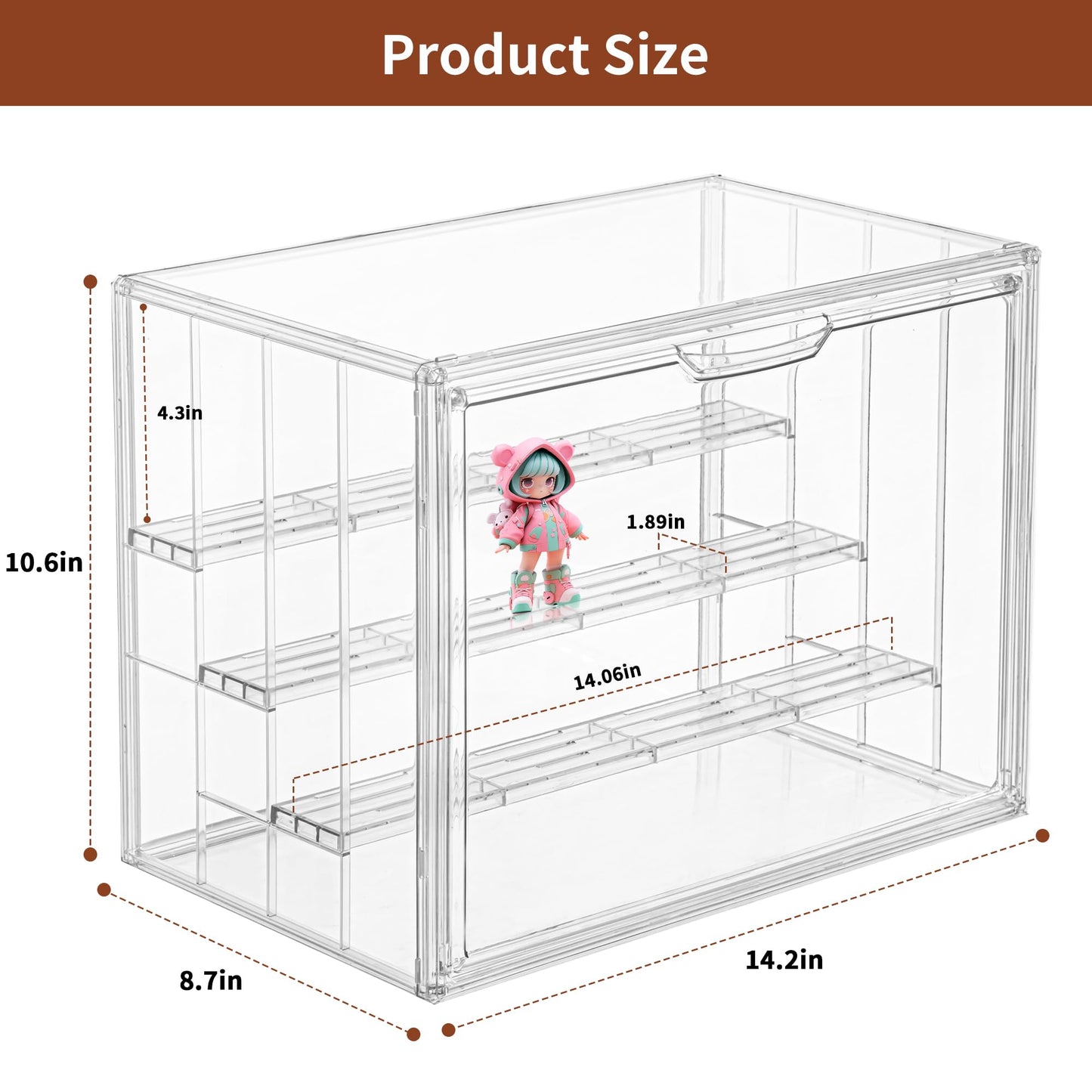Clear Acrylic Display Case Upgrade 4 Tier Figure Display Cases with 3 Movable Dividers, Stackable Display Box Showcase with Magnetic Door for Collectibles (Large-1pack)