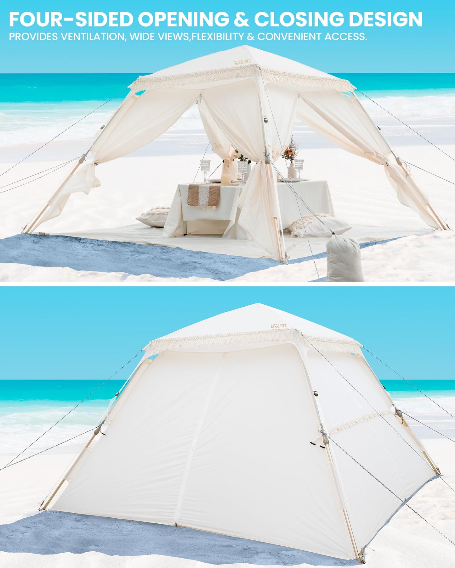 OutdoorMaster Pop Up Beach Tent with Fringe for 4 Person, Easy Setup and Portable Beach Shade Sun Shelter Canopy with UPF 50+ UV Protection, 11MM Thick Pole