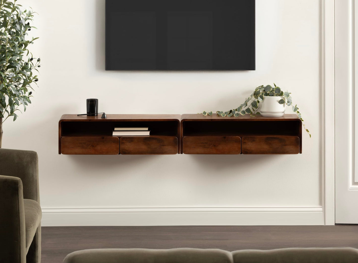 Kate and Laurel Kato Modern Floating Console Table for Entryway, 30 x 10 x 9, Walnut Brown, Decorative Transitional Floating Entryway Table with Storage Drawers for Living Room Storage Wall Shelf