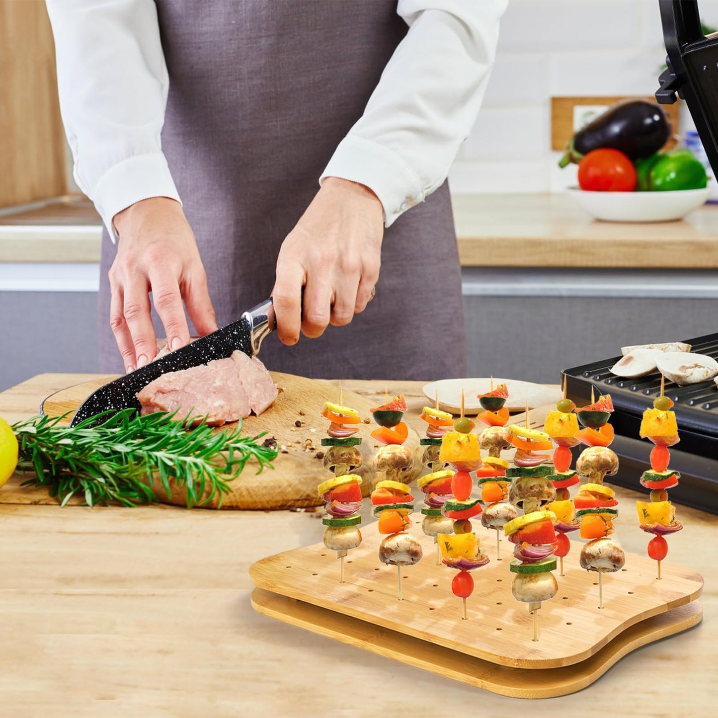 Acshio 2 Pack Bamboo Skewer Holder, 90 Holes Fruit Kabobs Cocktail Pick Stand, Appetizer Food Display Serving Curved Board for Party, Buffet, Catering Event